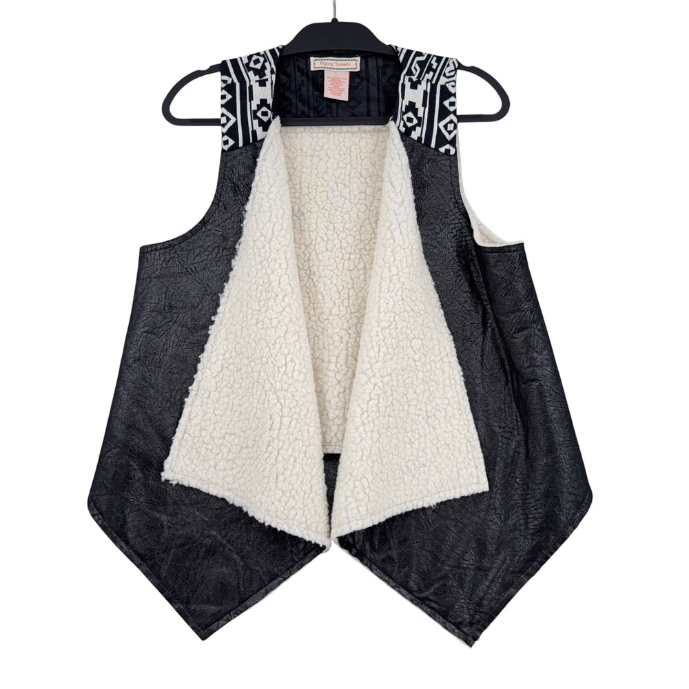 Flying Tomato Aztec Faux Leather Shearling Vest Women L Polyurethane Black Cream